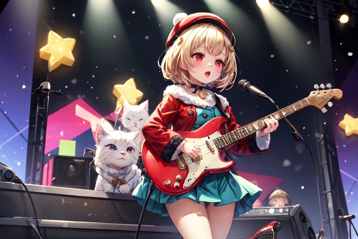 Blonde woman,singing,playing electric guitar,short hair,red eyes,long red eyelashes,red lips,wearing a red snow hat with a white fur ball on the top,a purple starfish on the hat,white fur on the edge of the hat,and a red coat,coat with gold buttons,green skirt,green bow on the neck,green sneakers,gold laces, no gloves,singing in front of microphone,sleeping furry white cat audience,white cat wearing a pink bow on head,surrounded by bubbles,shining point,concert,colorful stage lighting,no people,Tetris game background,anime