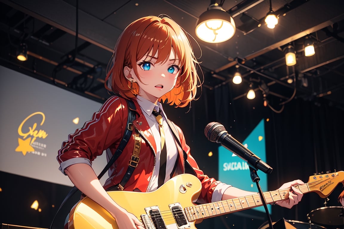 solo,1boy,closeup face,blue glowing aura,thick hair,orange hair,brown hair,gold frame sunglasses,red tie,red jacket,teal shorts,White shirt,a gold edge pocket on left side pants,white sneakers,right hand wearing a white square watch,white sneakers,singing in front of microphone,play electric guitar,universe background,cyan beam,fireflies,shining point,concert,colorful stage lighting,no people