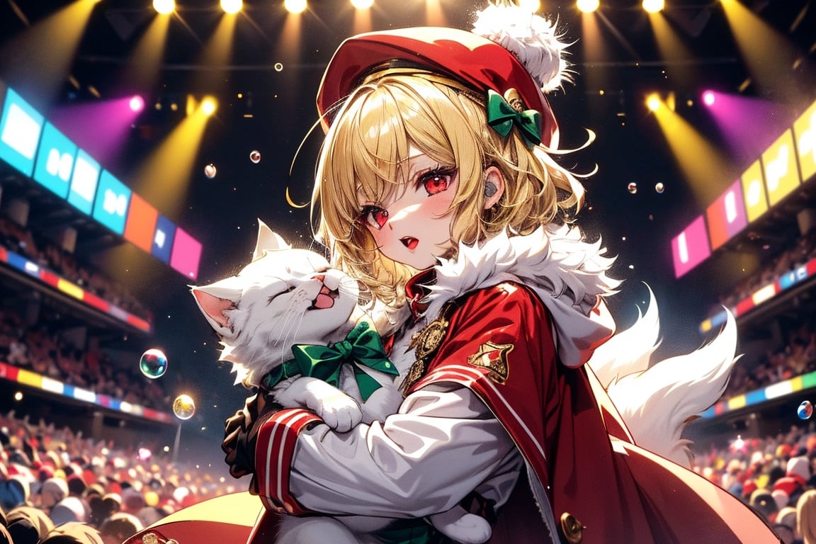 Blonde woman,playing electric guitar,short hair,red eyes,long red eyelashes,red lips,wearing a red snow hat with a white fur ball on the top,a purple starfish on the hat,white fur on the edge of the hat,and a red coat,coat with gold buttons,green skirt,green bow on the neck,green sneakers,gold laces, no gloves,singing in front of microphone,sleeping furry white cat audience,white cat wearing a pink bow on head,surrounded by bubbles,shining point,concert,colorful stage lighting,no people,Tetris game background,anime