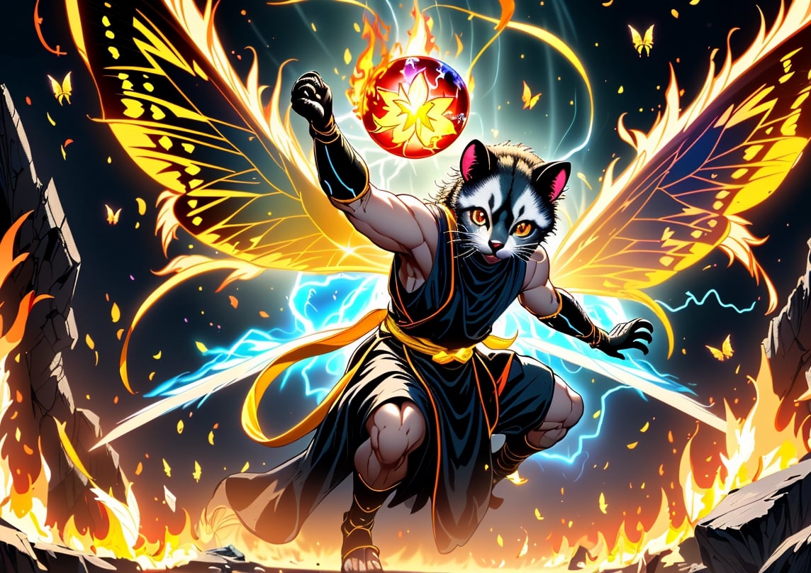 fighting,7 color Ninja outfit,7 color ancient alchemy God,holding cosmic ball,chanting,7 color shining ancient words everywhere,glowing mantra everywhere,luminous engraving everywhere,seal,strong style,sun king,sun halo,solo,1Ninja civet cat,special long white beard,long white eyebrows,gather lightning elixir in the palm of hand,king of glory,focused on  elixir,aim at pill,colorful skin,surrounded by flames,golden butterfly wings,emitting golden light,wearing golden bib short with no shoulder strap on left shoulder,no humans,flame,beam,fire alchemy furnace,thunder pill,crystal cave,crystal background,diamond,gems