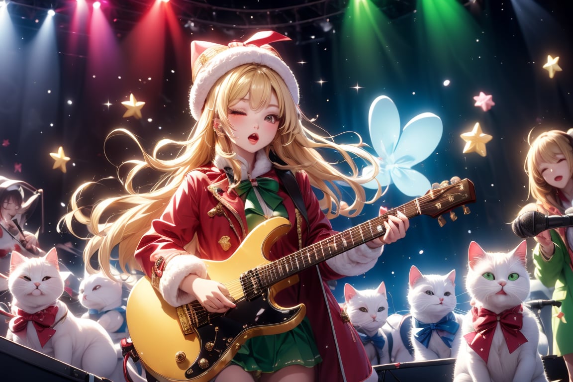 Blonde girl,singing,playing electric guitar,long hair,red eyes,long red eyelashes,red lips,wearing a red snow hat with a white fur ball on the top,a purple starfish on the hat,white fur on the edge of the hat,and a red coat,coat with gold buttons,green skirt,green bow on the neck,green sneakers,gold laces, no gloves,singing in front of microphone,sleeping furry white cat audience,white cat wearing a pink bow on head,surrounded by bubbles,shining point,concert,colorful stage lighting,no people,Tetris game background,anime