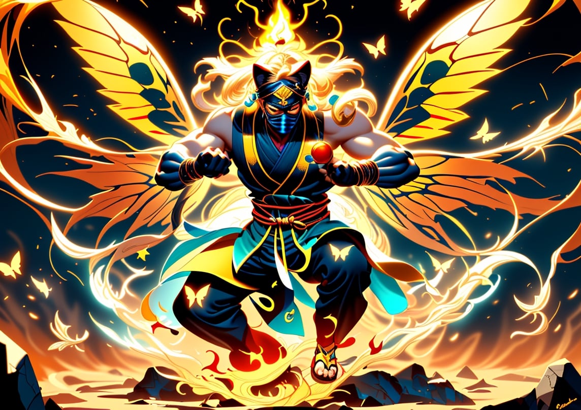 fighting,7 color Ninja outfit,7 color ancient alchemy God,holding cosmic ball,chanting,7 color shining ancient words everywhere,glowing mantra everywhere,luminous engraving everywhere,seal,strong style,sun king,sun halo,solo,1Ninja civet cat,special long white beard,long white eyebrows,gather lightning elixir in the palm of hand,king of glory,focused on  elixir,aim at pill,colorful skin,surrounded by flames,golden butterfly wings,emitting golden light,wearing golden bib short with no shoulder strap on left shoulder,no humans,flame,beam,fire alchemy furnace,thunder pill,crystal cave,crystal background,diamond,gems,Korean