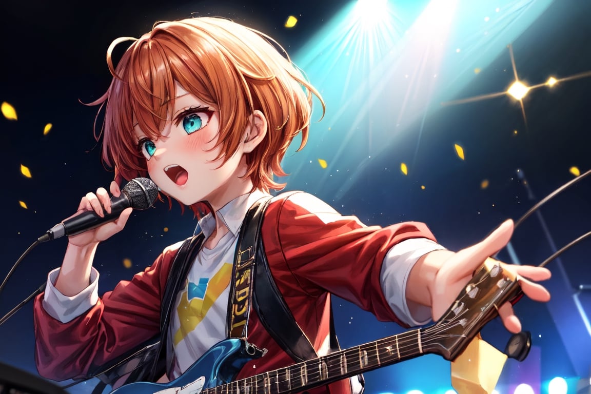 solo,1boy,closeup face,blue glowing aura,thick hair,orange hair,brown hair,gold frame sunglasses,red tie,red jacket,teal shorts,White shirt,a gold edge pocket on left side pants,white sneakers,right hand wearing a white square watch,white sneakers,singing in front of microphone,play electric guitar,universe background,cyan beam,fireflies,shining point,concert,colorful stage lighting,no people