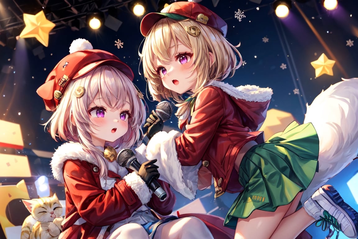 Blonde girl,short hair,ruby-like eyes,long red eyelashes,red lips, wearing a red snow hat with a white fur ball on the top,a purple starfish on the hat,white fur on the edge of the hat,and a red coat,coat with gold buttons,green skirt,green bow on the neck,green sneakers,gold laces, no gloves,singing in front of microphone,surrounded by sleeping furry white cat,white cat wearing a pink bow on its head,surrounded by bubbles,shining point,concert,colorful stage lighting,no people,Tetris game background