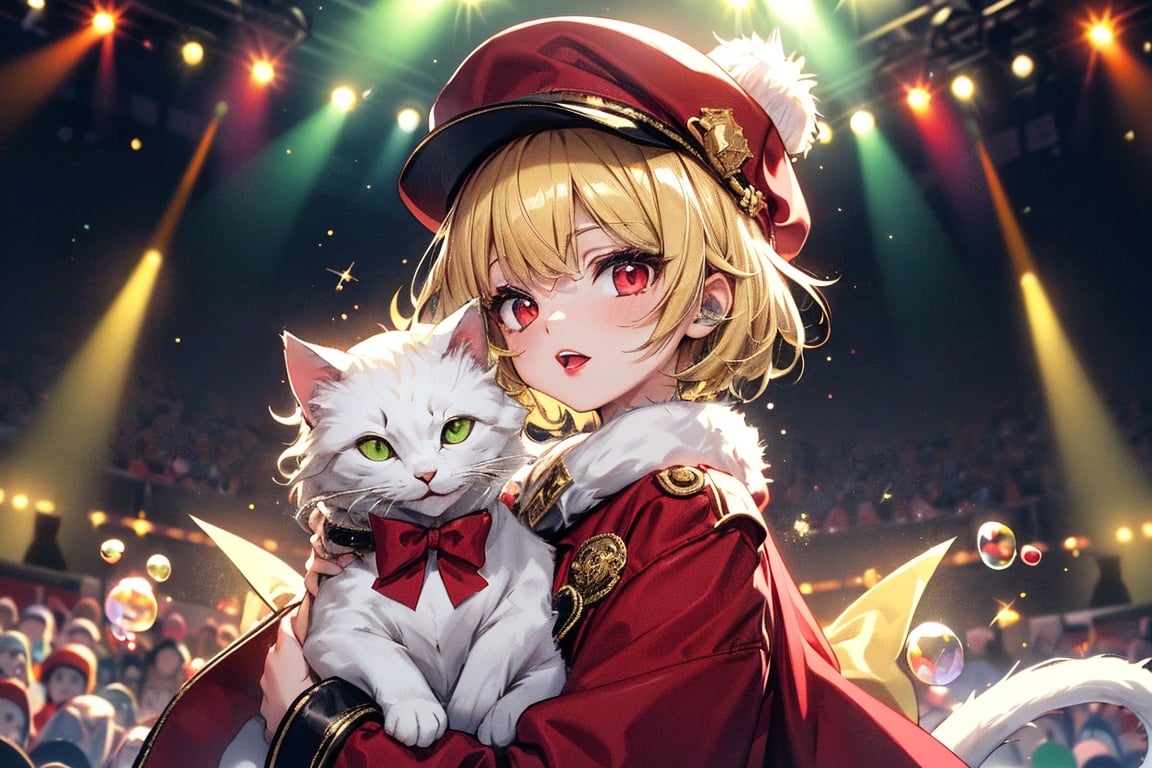 vtuber,Blonde girl,short hair,ruby-like eyes,red eyes,long red eyelashes,red lips, wearing a red snow hat with a white fur ball on the top,a purple starfish on the hat,white fur on the edge of the hat,and a red coat,coat with gold buttons,green skirt,green bow on the neck,green sneakers,gold laces,singing in front of microphone,holding a sleeping furry white cat,white cat wearing a pink bow on its head,surrounded by bubbles,shining point,concert,colorful stage lighting,no people,Tetris game background