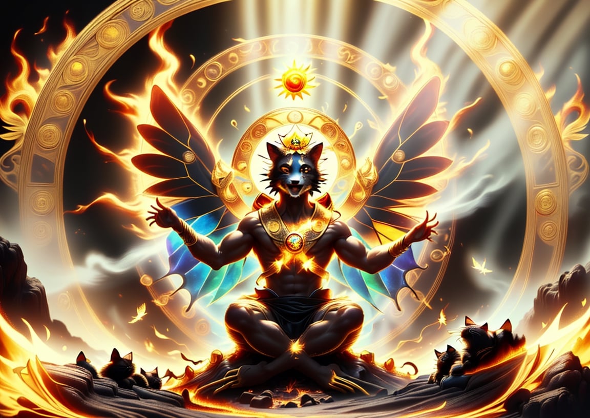 strong style,sun king,sun halo,sit,solo,1 civet cat man,king of glory,focused expression,colorful skin,surrounded by flames,golden butterfly wings,emitting golden light,wearing golden bib short with no shoulder strap on left shoulder,no humans,flame,beam,alchemy furnace,alchemy,crystal cave,crystal background,diamond,gems
