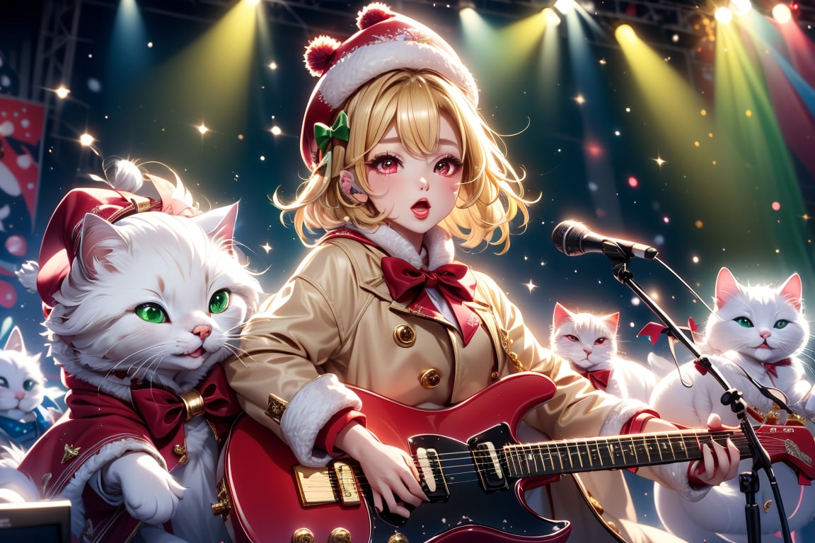 Blonde girl,singing,playing electric guitar,short hair,red eyes,long red eyelashes,red lips,wearing a red snow hat with a white fur ball on the top,a purple starfish on the hat,white fur on the edge of the hat,and a red coat,coat with gold buttons,green skirt,green bow on the neck,green sneakers,gold laces, no gloves,singing in front of microphone,sleeping furry white cat audience,white cat wearing a pink bow on head,surrounded by bubbles,shining point,concert,colorful stage lighting,no people,Tetris game background,anime