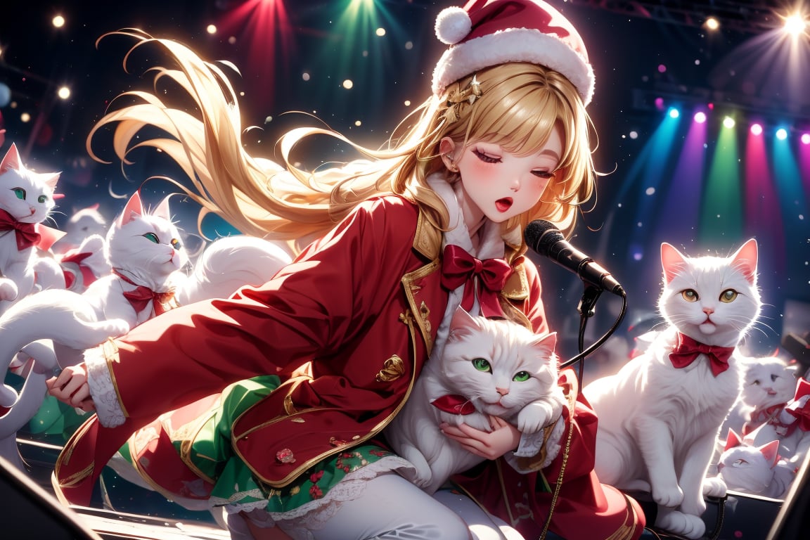 Blonde girl,singing,playing electric guitar,long hair,red eyes,long red eyelashes,red lips,wearing a red snow hat with a white fur ball on the top,a purple starfish on the hat,white fur on the edge of the hat,and a red coat,coat with gold buttons,green skirt,green bow on the neck,green sneakers,gold laces, no gloves,singing in front of microphone,sleeping furry white cat audience,white cat wearing a pink bow on head,surrounded by bubbles,shining point,concert,colorful stage lighting,no people,Tetris game background,anime