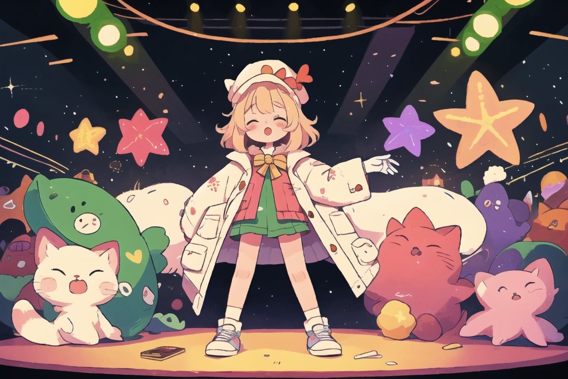 Blonde girl,short hair,ruby-like eyes,long red eyelashes,red lips, wearing a red snow hat with a white fur ball on the top,a purple starfish on the hat,white fur on the edge of the hat,and a red coat,coat with gold buttons,green skirt,green bow on the neck,green sneakers,gold laces, no gloves,singing in front of microphone,surrounded by sleeping furry white cat,white cat wearing a pink bow on its head,surrounded by bubbles,shining point,concert,colorful stage lighting,no people,Tetris game background