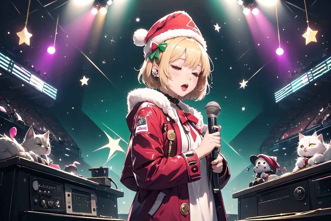 solo,Blonde woman,singing,playing electric guitar,short hair,red eyes,long red eyelashes,red lips,wearing a red snow hat with a white fur ball on the top,a purple starfish on the hat,white fur on the edge of the hat,and a red coat,coat with gold buttons,green skirt,green bow on the neck,green sneakers,gold laces, no gloves,singing in front of microphone,sleeping furry white cat audience,white cat wearing a pink bow on head,surrounded by bubbles,shining point,concert,colorful stage lighting,no people,Tetris game background