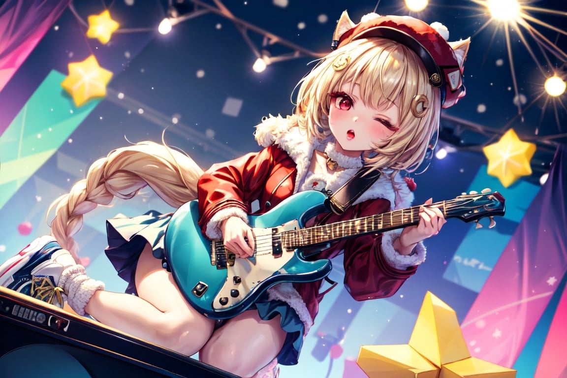 Blonde woman,singing,playing electric guitar,short hair,red eyes,long red eyelashes,red lips,wearing a red snow hat with a white fur ball on the top,a purple starfish on the hat,white fur on the edge of the hat,and a red coat,coat with gold buttons,green skirt,green bow on the neck,green sneakers,gold laces, no gloves,singing in front of microphone,sleeping furry white cat audience,white cat wearing a pink bow on head,surrounded by bubbles,shining point,concert,colorful stage lighting,no people,Tetris game background,anime