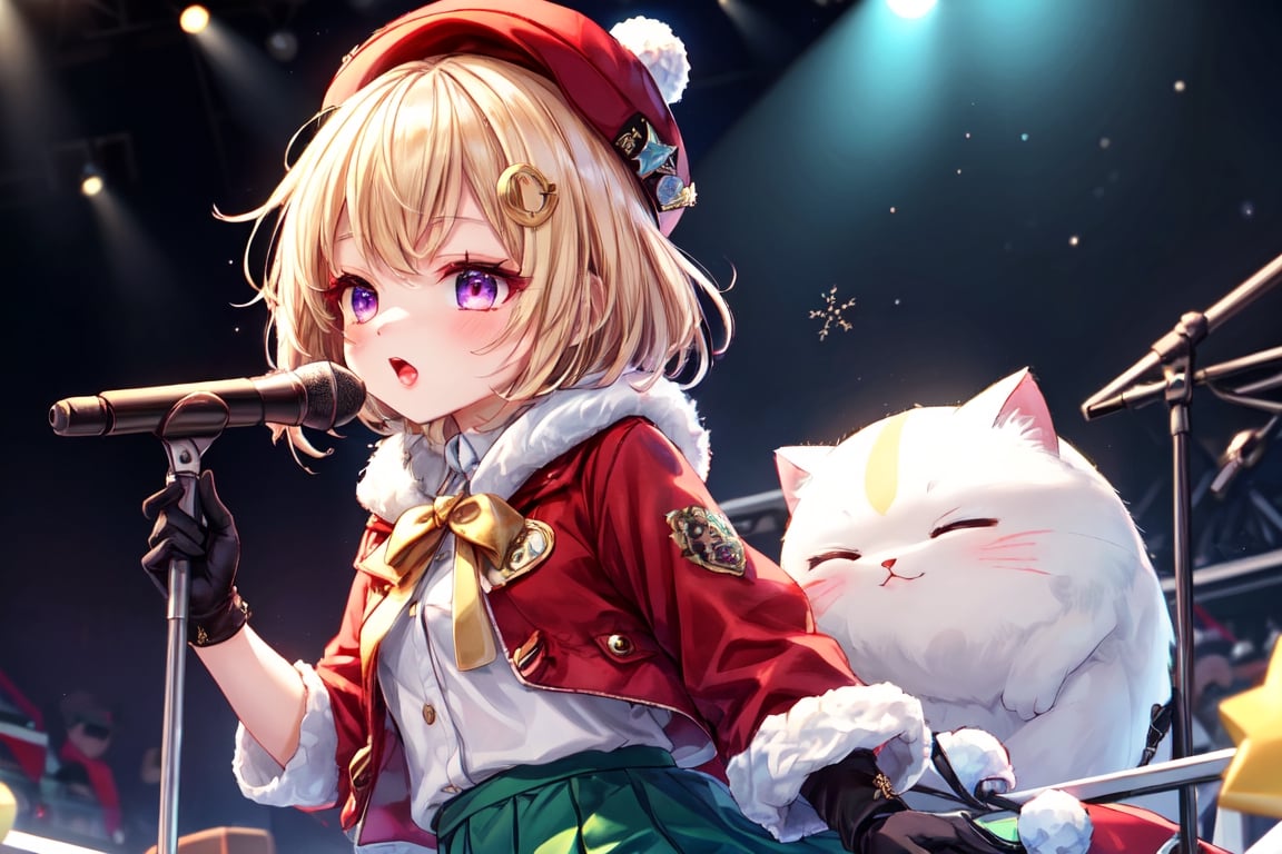 Blonde girl,short hair,ruby-like eyes,long red eyelashes,red lips, wearing a red snow hat with a white fur ball on the top,a purple starfish on the hat,white fur on the edge of the hat,and a red coat,coat with gold buttons,green skirt,green bow on the neck,green sneakers,gold laces, no gloves,singing in front of microphone,surrounded by sleeping furry white cat,white cat wearing a pink bow on its head,surrounded by bubbles,shining point,concert,colorful stage lighting,no people,Tetris game background