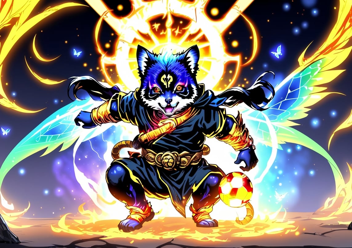 1Ninja tanuki,fighting,7 color Ninja outfit,7 color ancient alchemy God,holding cosmic ball,chanting,7 color shining ancient words everywhere,glowing mantra everywhere,luminous engraving everywhere,seal,strong style,sun king,sun halo,solo,special long white beard,long white eyebrows,gather lightning elixir in the palm of hand,king of glory,focused on  elixir,aim at pill,colorful skin,surrounded by flames,golden butterfly wings,emitting golden light,wearing golden bib short with no shoulder strap on left shoulder,no humans,flame,beam,fire alchemy furnace,thunder pill,crystal cave,crystal background,diamond,gem,cat