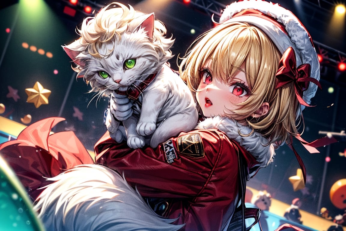 vtuber,Blonde girl,short hair,ruby-like eyes,red eyes,long red eyelashes,red lips, wearing a red snow hat with a white fur ball on the top,a purple starfish on the hat,white fur on the edge of the hat,and a red coat,coat with gold buttons,green skirt,green bow on the neck,green sneakers,gold laces,singing in front of microphone,holding a sleeping furry white cat,white cat wearing a pink bow on its head,surrounded by bubbles,shining point,concert,colorful stage lighting,no people,Tetris game background