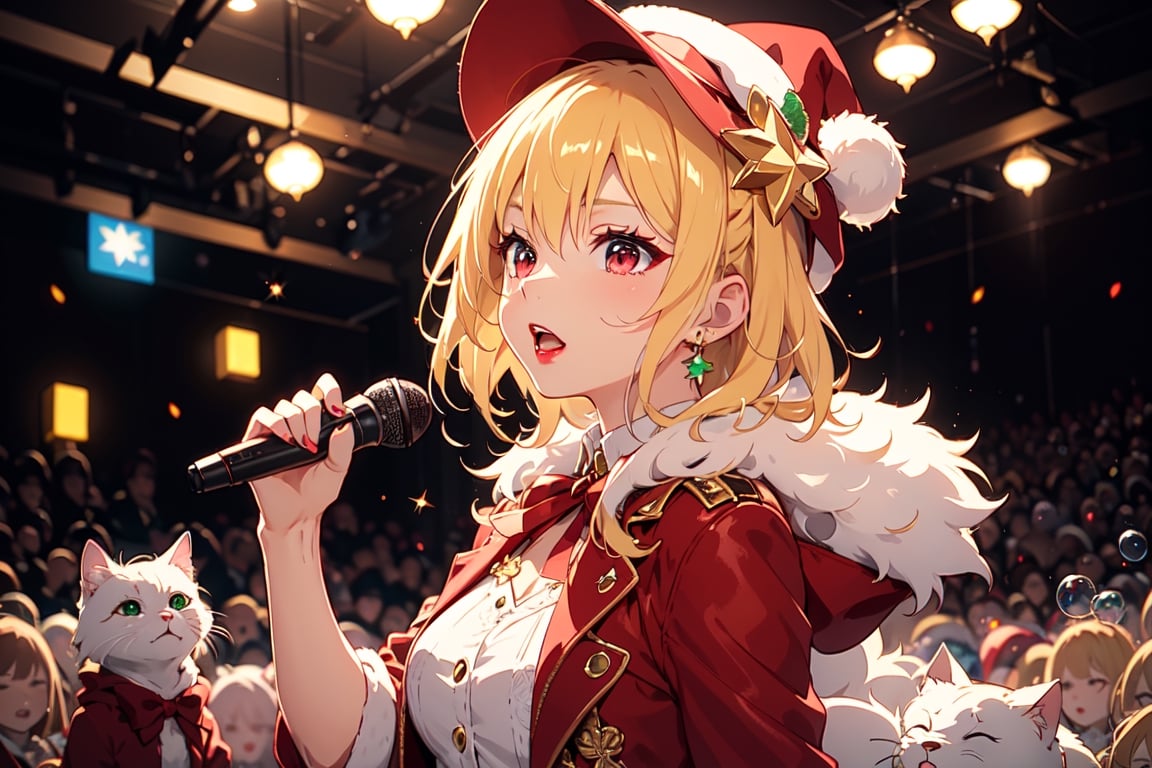 Blonde woman,singing,playing electric guitar,short hair,red eyes,long red eyelashes,red lips,wearing a red snow hat with a white fur ball on the top,a purple starfish on the hat,white fur on the edge of the hat,and a red coat,coat with gold buttons,green skirt,green bow on the neck,green sneakers,gold laces, no gloves,singing in front of microphone,sleeping furry white cat audience,white cat wearing a pink bow on head,surrounded by bubbles,shining point,concert,colorful stage lighting,no people,Tetris game background,anime