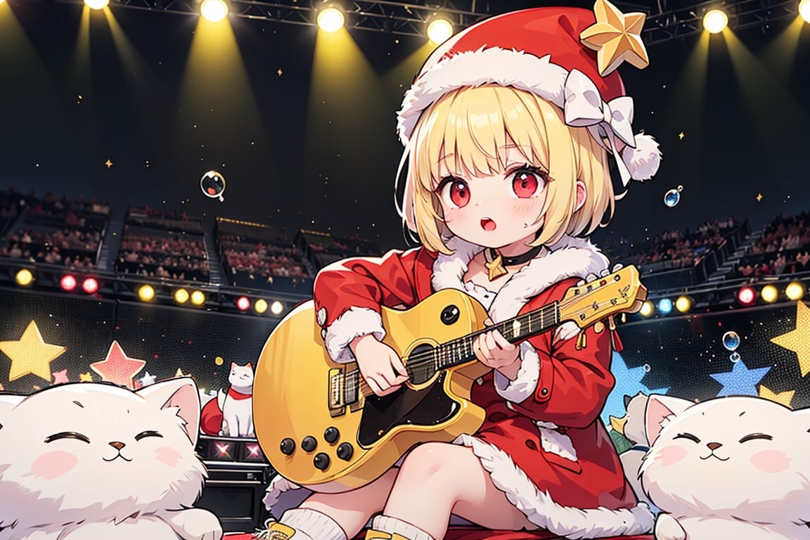 Blonde woman,singing,playing electric guitar,short hair,red eyes,long red eyelashes,red lips,wearing a red snow hat with a white fur ball on the top,a purple starfish on the hat,white fur on the edge of the hat,and a red coat,coat with gold buttons,green skirt,green bow on the neck,green sneakers,gold laces, no gloves,singing in front of microphone,sleeping furry white cat audience,white cat wearing a pink bow on head,surrounded by bubbles,shining point,concert,colorful stage lighting,no people,Tetris game background,anime