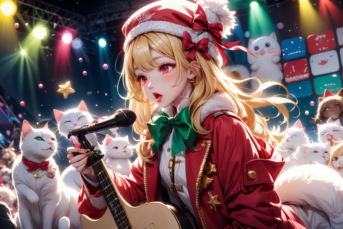 Blonde girl,singing,playing electric guitar,long hair,red eyes,long red eyelashes,red lips,wearing a red snow hat with a white fur ball on the top,a purple starfish on the hat,white fur on the edge of the hat,and a red coat,coat with gold buttons,green skirt,green bow on the neck,green sneakers,gold laces, no gloves,singing in front of microphone,sleeping furry white cat audience,white cat wearing a pink bow on head,surrounded by bubbles,shining point,concert,colorful stage lighting,no people,Tetris game background,anime