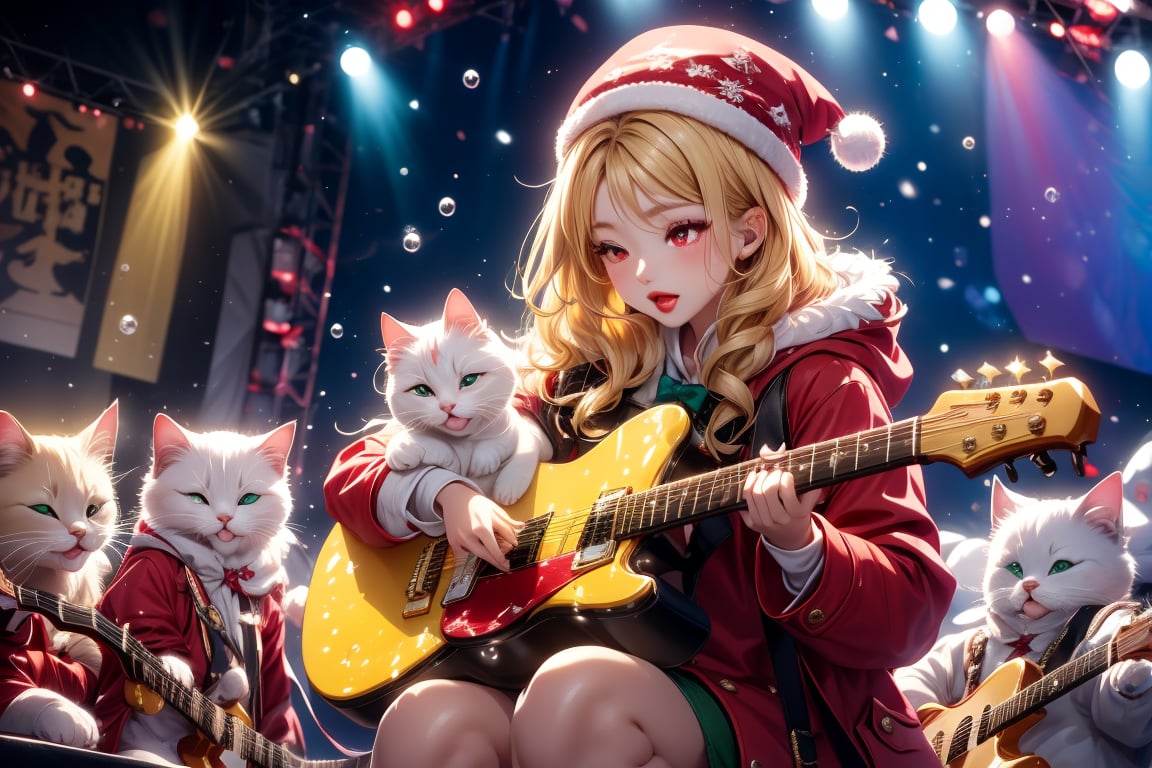 Blonde girl,singing,playing electric guitar,long hair,red eyes,long red eyelashes,red lips,wearing a red snow hat with a white fur ball on the top,a purple starfish on the hat,white fur on the edge of the hat,and a red coat,coat with gold buttons,green skirt,green bow on the neck,green sneakers,gold laces, no gloves,singing in front of microphone,sleeping furry white cat audience,white cat wearing a pink bow on head,surrounded by bubbles,shining point,concert,colorful stage lighting,no people,Tetris game background,anime