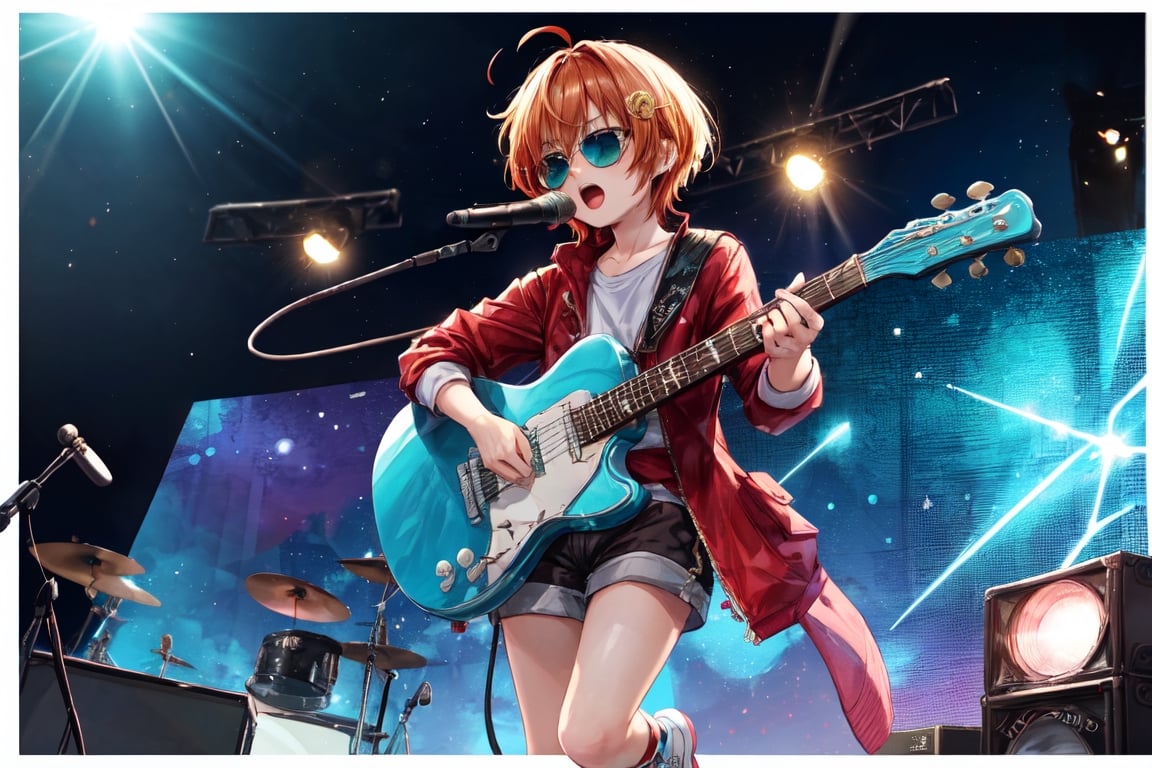 solo,1boy,closeup face,blue glowing aura,thick hair,orange hair,brown hair,gold frame sunglasses,red tie,red jacket,teal shorts,White shirt,a gold edge pocket on left side pants,white sneakers,right hand wearing a white square watch,white sneakers,singing in front of microphone,play electric guitar,universe background,cyan beam,fireflies,shining point,concert,colorful stage lighting,no people