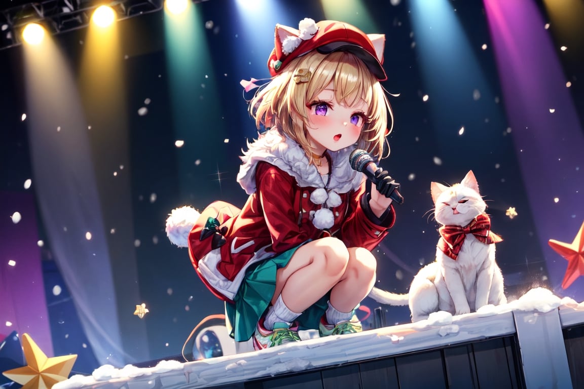 Blonde girl,short hair,ruby-like eyes,long red eyelashes,red lips, wearing a red snow hat with a white fur ball on the top,a purple starfish on the hat,white fur on the edge of the hat,and a red coat,coat with gold buttons,green skirt,green bow on the neck,green sneakers,gold laces, no gloves,singing in front of microphone,surrounded by sleeping furry white cat,white cat wearing a pink bow on its head,surrounded by bubbles,shining point,concert,colorful stage lighting,no people,Tetris game background