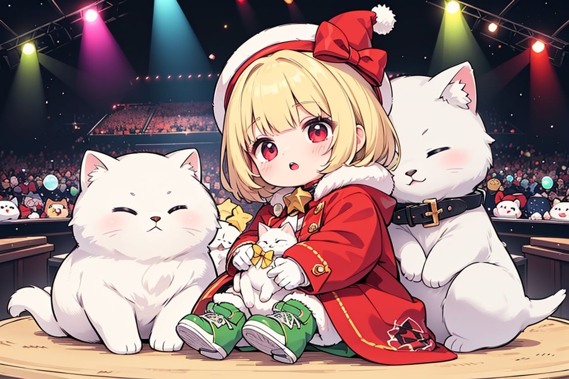 Blonde girl,short hair,red eyes,long red eyelashes,red lips, wearing a red snow hat with a white fur ball on the top,a purple starfish on the hat,white fur on the edge of the hat,and a red coat,coat with gold buttons,green skirt,green bow on the neck,green sneakers,gold laces, no gloves,singing in front of microphone,surrounded by sleeping furry white cat,white cat wearing a pink bow on its head,surrounded by bubbles,shining point,concert,colorful stage lighting,no people,Tetris game background