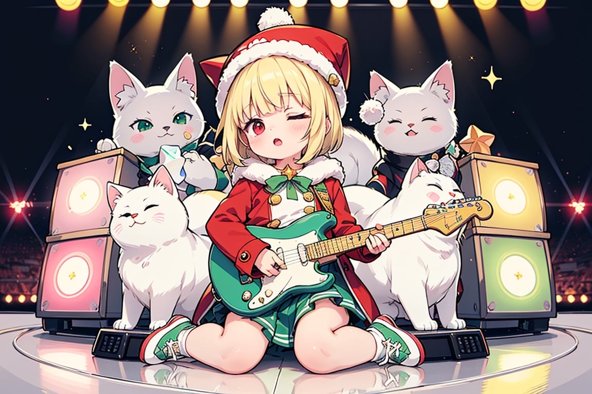 Blonde woman,singing,playing electric guitar,short hair,red eyes,long red eyelashes,red lips,wearing a red snow hat with a white fur ball on the top,a purple starfish on the hat,white fur on the edge of the hat,and a red coat,coat with gold buttons,green skirt,green bow on the neck,green sneakers,gold laces, no gloves,singing in front of microphone,sleeping furry white cat audience,white cat wearing a pink bow on head,surrounded by bubbles,shining point,concert,colorful stage lighting,no people,Tetris game background,anime