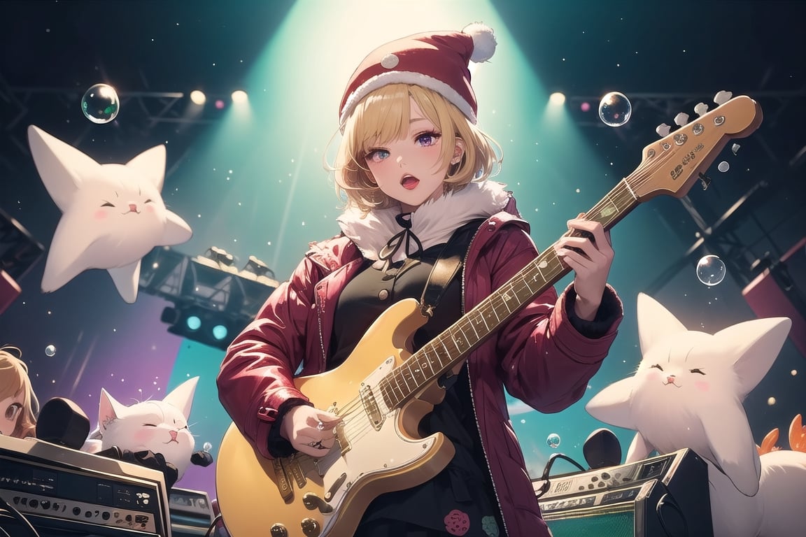 solo,Blonde woman,singing,playing electric guitar,short hair,red eyes,long red eyelashes,red lips,wearing a red snow hat with a white fur ball on the top,a purple starfish on the hat,white fur on the edge of the hat,and a red coat,coat with gold buttons,green skirt,green bow on the neck,green sneakers,gold laces, no gloves,singing in front of microphone,sleeping furry white cat audience,white cat wearing a pink bow on head,surrounded by bubbles,shining point,concert,colorful stage lighting,no people,Tetris game background