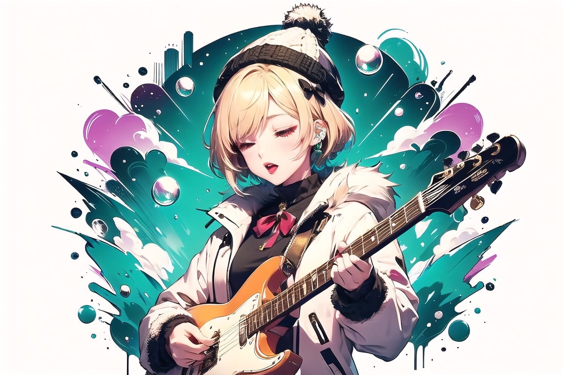 solo,Blonde woman,singing,playing electric guitar,short hair,red eyes,long red eyelashes,red lips,wearing a red snow hat with a white fur ball on the top,a purple starfish on the hat,white fur on the edge of the hat,and a red coat,coat with gold buttons,green skirt,green bow on the neck,green sneakers,gold laces, no gloves,singing in front of microphone,sleeping furry white cat audience,white cat wearing a pink bow on head,surrounded by bubbles,shining point,concert,colorful stage lighting,no people,Tetris game background