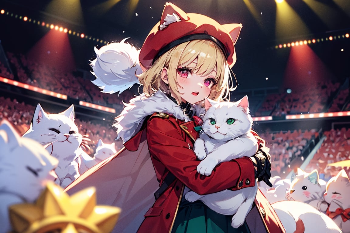 vtuber,Blonde girl,short hair,ruby-like eyes,red eyes,long red eyelashes,red lips, wearing a red snow hat with a white fur ball on the top,a purple starfish on the hat,white fur on the edge of the hat,and a red coat,coat with gold buttons,green skirt,green bow on the neck,green sneakers,gold laces,singing in front of microphone,holding a sleeping furry white cat,white cat wearing a pink bow on its head,surrounded by bubbles,shining point,concert,colorful stage lighting,no people,Tetris game background