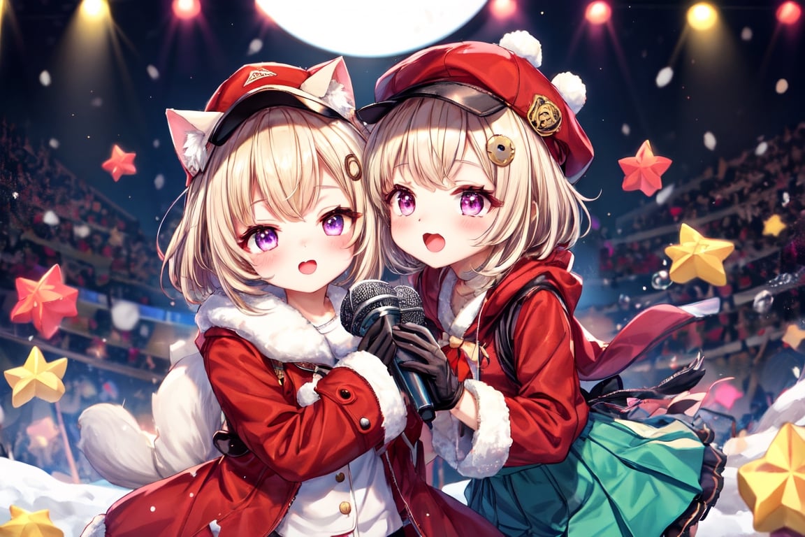 Blonde girl,short hair,ruby-like eyes,long red eyelashes,red lips, wearing a red snow hat with a white fur ball on the top,a purple starfish on the hat,white fur on the edge of the hat,and a red coat,coat with gold buttons,green skirt,green bow on the neck,green sneakers,gold laces, no gloves,singing in front of microphone,surrounded by sleeping furry white cat,white cat wearing a pink bow on its head,surrounded by bubbles,shining point,concert,colorful stage lighting,no people,Tetris game background