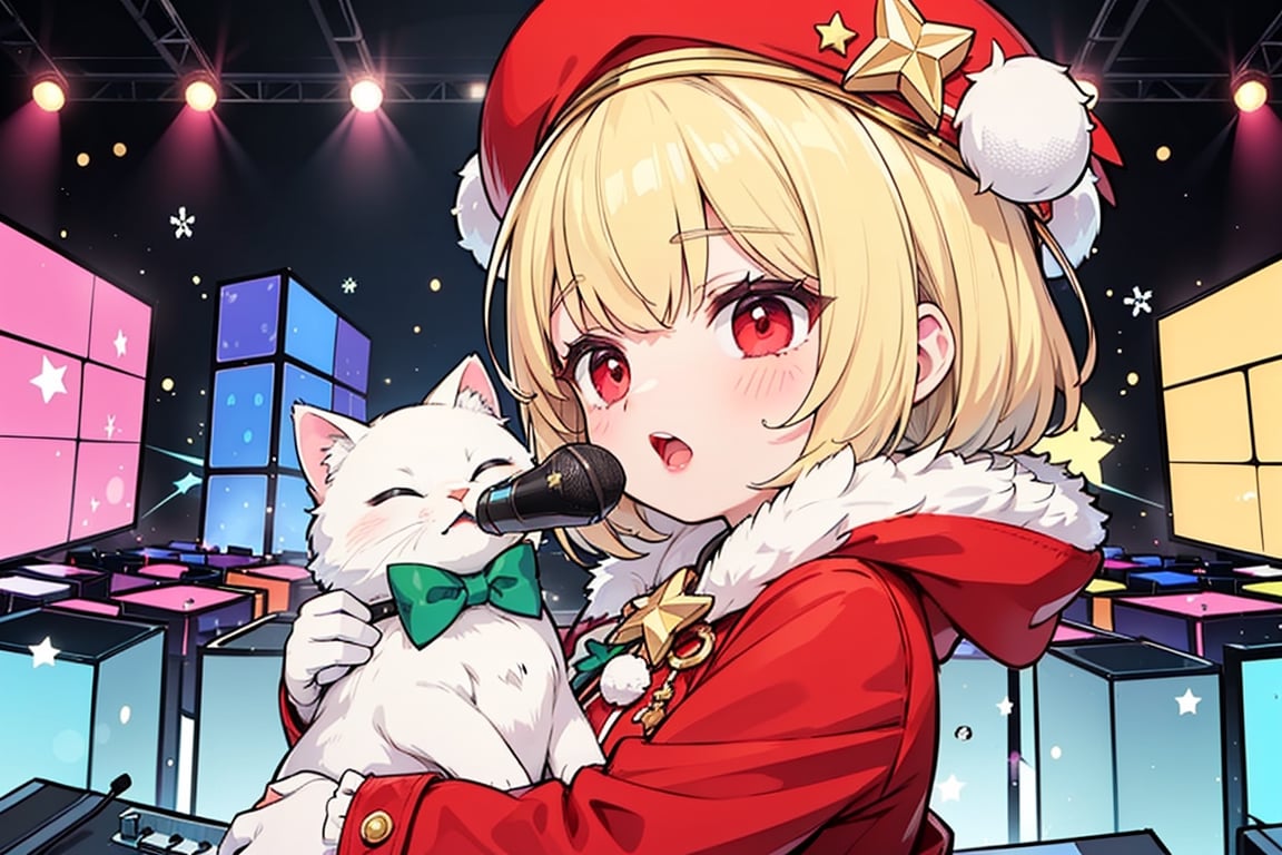 Blonde woman,singing,playing electric guitar,short hair,red eyes,long red eyelashes,red lips,wearing a red snow hat with a white fur ball on the top,a purple starfish on the hat,white fur on the edge of the hat,and a red coat,coat with gold buttons,green skirt,green bow on the neck,green sneakers,gold laces, no gloves,singing in front of microphone,sleeping furry white cat audience,white cat wearing a pink bow on head,surrounded by bubbles,shining point,concert,colorful stage lighting,no people,Tetris game background,anime