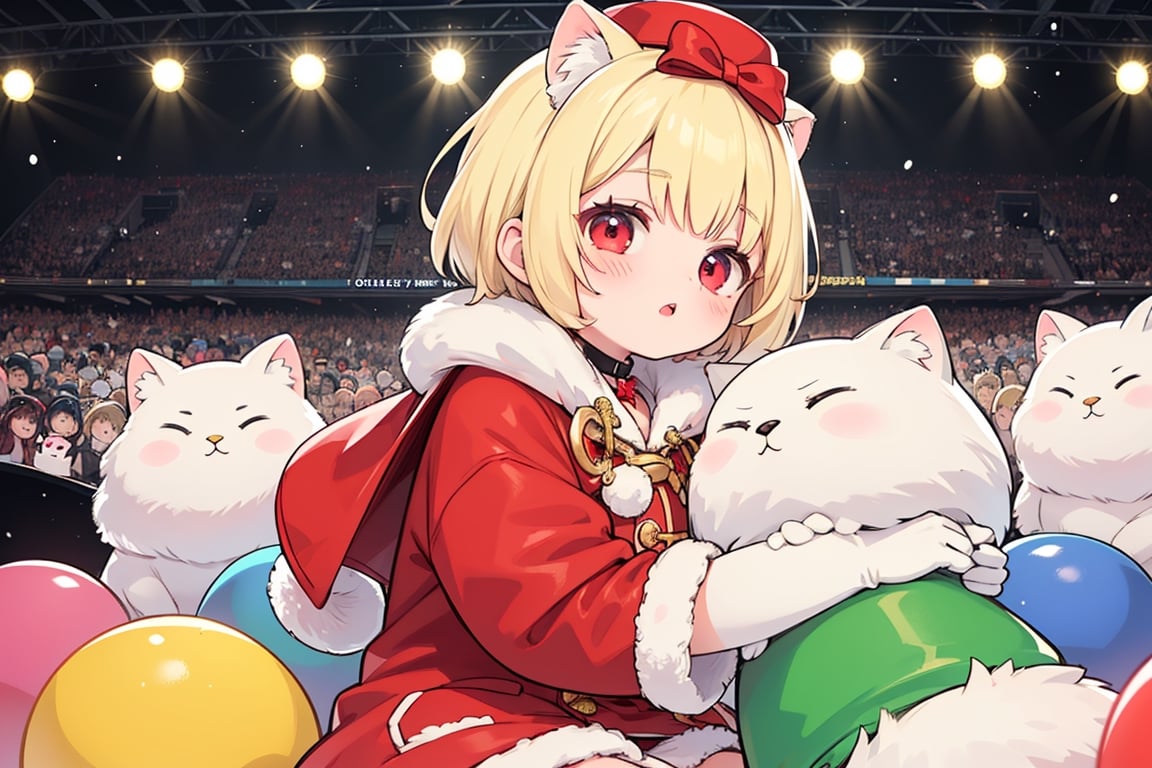 Blonde girl,short hair,red eyes,long red eyelashes,red lips, wearing a red snow hat with a white fur ball on the top,a purple starfish on the hat,white fur on the edge of the hat,and a red coat,coat with gold buttons,green skirt,green bow on the neck,green sneakers,gold laces, no gloves,singing in front of microphone,surrounded by sleeping furry white cat,white cat wearing a pink bow on its head,surrounded by bubbles,shining point,concert,colorful stage lighting,no people,Tetris game background