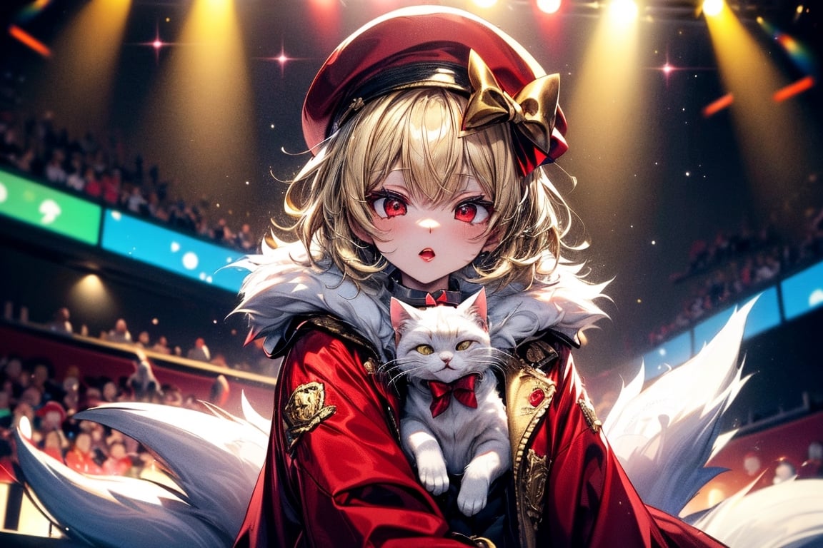 vtuber,Blonde girl,short hair,ruby-like eyes,red eyes,long red eyelashes,red lips, wearing a red snow hat with a white fur ball on the top,a purple starfish on the hat,white fur on the edge of the hat,and a red coat,coat with gold buttons,green skirt,green bow on the neck,green sneakers,gold laces,singing in front of microphone,holding a sleeping furry white cat,white cat wearing a pink bow on its head,surrounded by bubbles,shining point,concert,colorful stage lighting,no people,Tetris game background