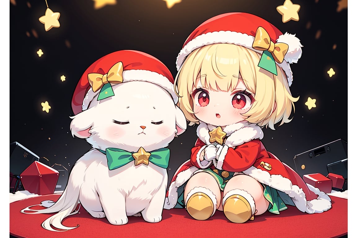 Blonde girl,short hair,red eyes,long red eyelashes,red lips, wearing a red snow hat with a white fur ball on the top,a purple starfish on the hat,white fur on the edge of the hat,and a red coat,coat with gold buttons,green skirt,green bow on the neck,green sneakers,gold laces, no gloves,singing in front of microphone,surrounded by sleeping furry white cat,white cat wearing a pink bow on its head,surrounded by bubbles,shining point,concert,colorful stage lighting,no people,Tetris game background