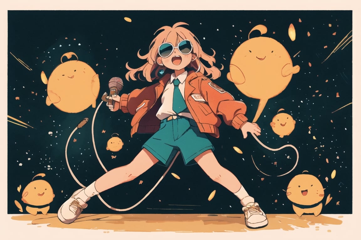 solo,1boy,closeup face,blue glowing aura,thick hair,orange hair,brown hair,gold frame sunglasses,red tie,red jacket,teal shorts,White shirt,a gold edge pocket on left side pants,white sneakers,right hand wearing a white square watch,white sneakers,singing in front of microphone,play electric guitar,universe background,cyan beam,fireflies,shining point,concert,colorful stage lighting,no people