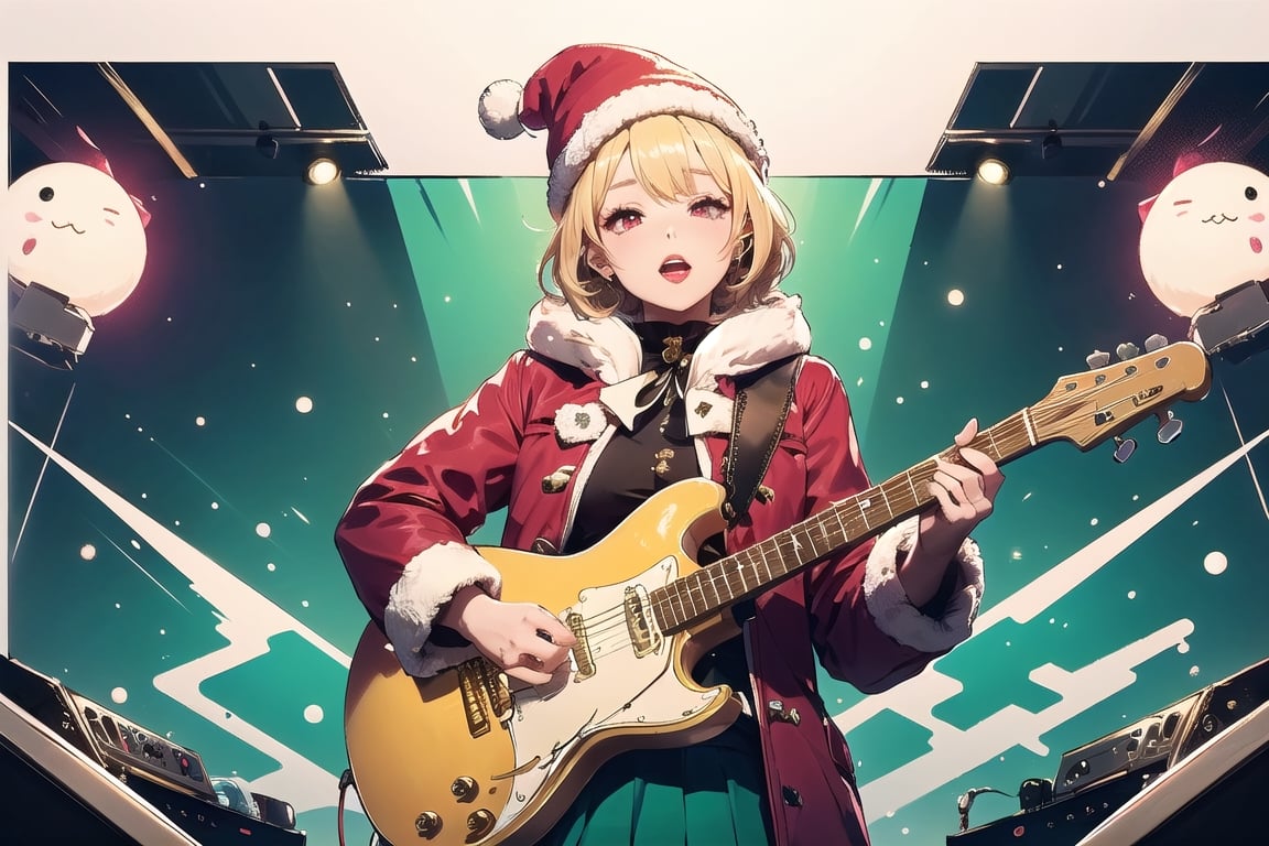 solo,Blonde woman,singing,playing electric guitar,short hair,red eyes,long red eyelashes,red lips,wearing a red snow hat with a white fur ball on the top,a purple starfish on the hat,white fur on the edge of the hat,and a red coat,coat with gold buttons,green skirt,green bow on the neck,green sneakers,gold laces, no gloves,singing in front of microphone,sleeping furry white cat audience,white cat wearing a pink bow on head,surrounded by bubbles,shining point,concert,colorful stage lighting,no people,Tetris game background