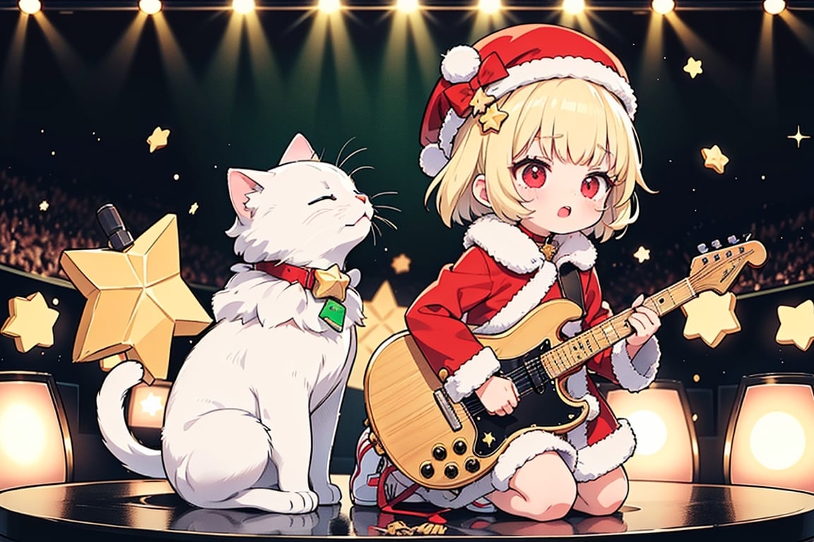 Blonde woman,singing,playing electric guitar,short hair,red eyes,long red eyelashes,red lips,wearing a red snow hat with a white fur ball on the top,a purple starfish on the hat,white fur on the edge of the hat,and a red coat,coat with gold buttons,green skirt,green bow on the neck,green sneakers,gold laces, no gloves,singing in front of microphone,sleeping furry white cat audience,white cat wearing a pink bow on head,surrounded by bubbles,shining point,concert,colorful stage lighting,no people,Tetris game background,anime