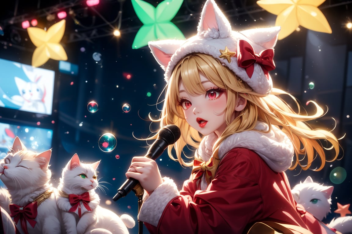 Blonde girl,singing,playing electric guitar,long hair,red eyes,long red eyelashes,red lips,wearing a red snow hat with a white fur ball on the top,a purple starfish on the hat,white fur on the edge of the hat,and a red coat,coat with gold buttons,green skirt,green bow on the neck,green sneakers,gold laces, no gloves,singing in front of microphone,sleeping furry white cat audience,white cat wearing a pink bow on head,surrounded by bubbles,shining point,concert,colorful stage lighting,no people,Tetris game background,anime