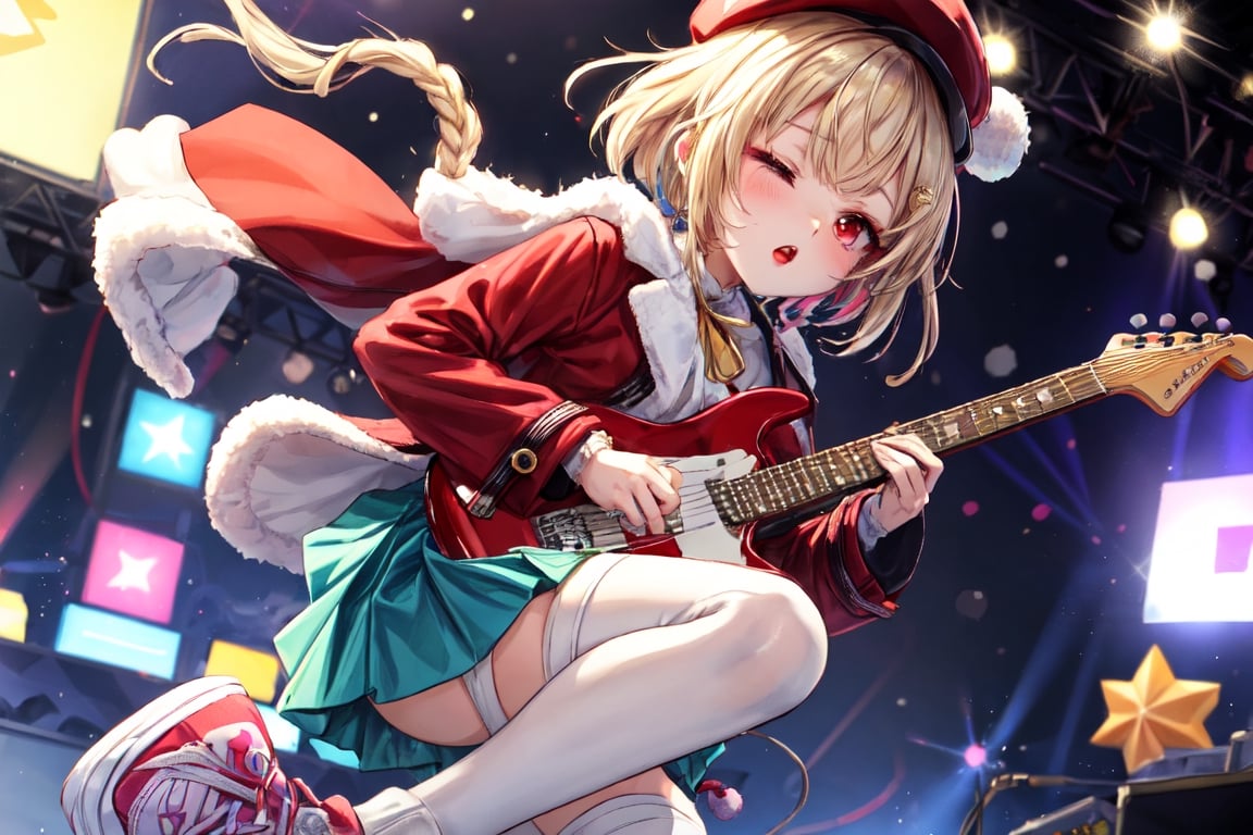 Blonde woman,singing,playing electric guitar,short hair,red eyes,long red eyelashes,red lips,wearing a red snow hat with a white fur ball on the top,a purple starfish on the hat,white fur on the edge of the hat,and a red coat,coat with gold buttons,green skirt,green bow on the neck,green sneakers,gold laces, no gloves,singing in front of microphone,sleeping furry white cat audience,white cat wearing a pink bow on head,surrounded by bubbles,shining point,concert,colorful stage lighting,no people,Tetris game background,anime