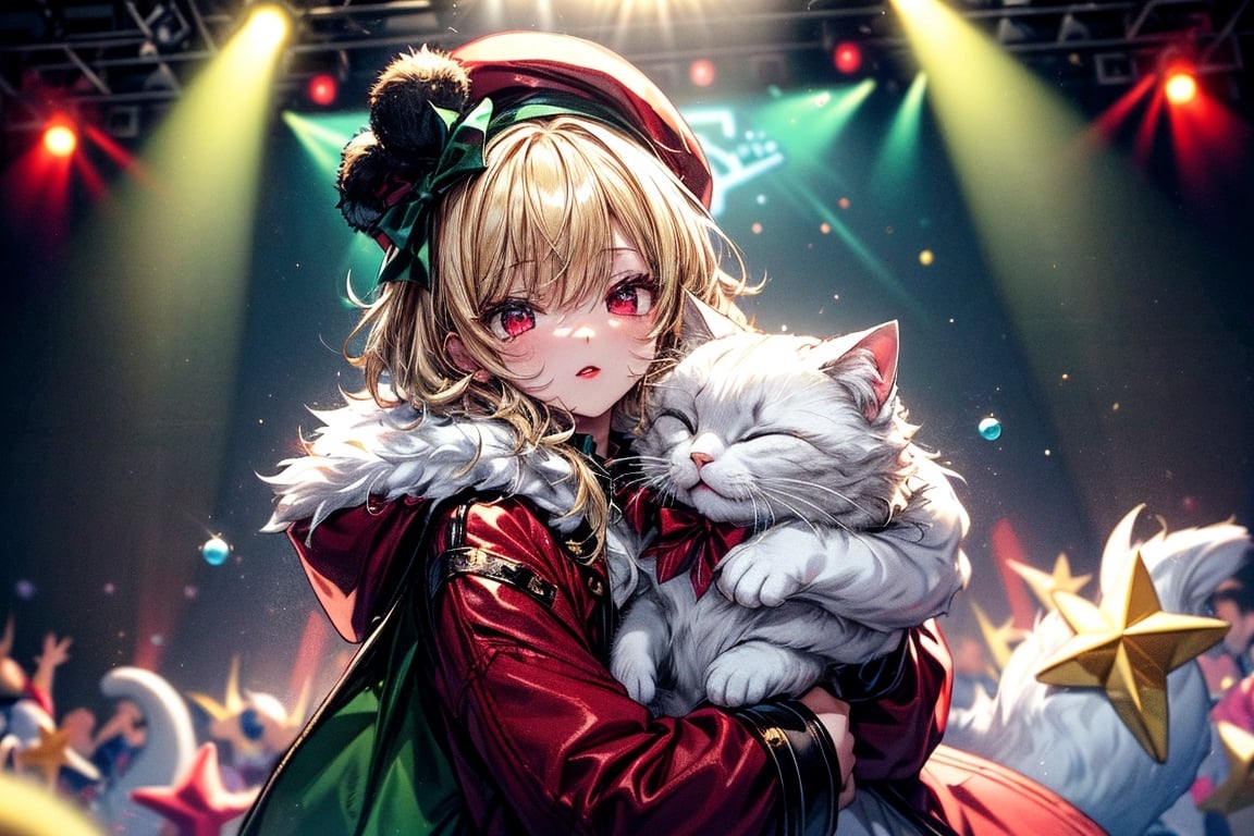 vtuber,Blonde girl,short hair,ruby-like eyes,red eyes,long red eyelashes,red lips, wearing a red snow hat with a white fur ball on the top,a purple starfish on the hat,white fur on the edge of the hat,and a red coat,coat with gold buttons,green skirt,green bow on the neck,green sneakers,gold laces,singing in front of microphone,holding a sleeping furry white cat,white cat wearing a pink bow on its head,surrounded by bubbles,shining point,concert,colorful stage lighting,no people,Tetris game background