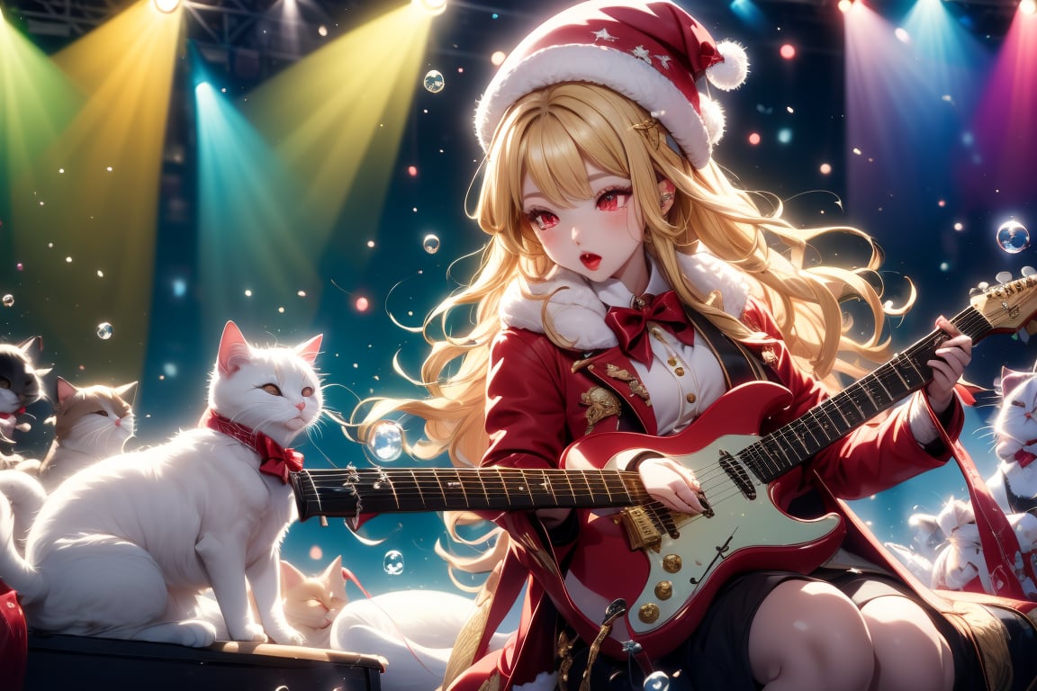 Blonde girl,singing,playing electric guitar,long hair,red eyes,long red eyelashes,red lips,wearing a red snow hat with a white fur ball on the top,a purple starfish on the hat,white fur on the edge of the hat,and a red coat,coat with gold buttons,green skirt,green bow on the neck,green sneakers,gold laces, no gloves,singing in front of microphone,sleeping furry white cat audience,white cat wearing a pink bow on head,surrounded by bubbles,shining point,concert,colorful stage lighting,no people,Tetris game background,anime