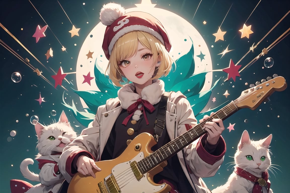 solo,Blonde woman,singing,playing electric guitar,short hair,red eyes,long red eyelashes,red lips,wearing a red snow hat with a white fur ball on the top,a purple starfish on the hat,white fur on the edge of the hat,and a red coat,coat with gold buttons,green skirt,green bow on the neck,green sneakers,gold laces, no gloves,singing in front of microphone,sleeping furry white cat audience,white cat wearing a pink bow on head,surrounded by bubbles,shining point,concert,colorful stage lighting,no people,Tetris game background