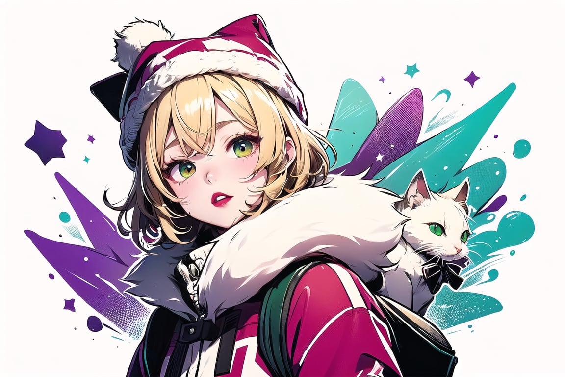 Blonde girl,short hair,red eyes,long red eyelashes,red lips, wearing a red snow hat with a white fur ball on the top,a purple starfish on the hat,white fur on the edge of the hat,and a red coat,coat with gold buttons,green skirt,green bow on the neck,green sneakers,gold laces, no gloves,singing in front of microphone,surrounded by sleeping furry white cat,white cat wearing a pink bow on its head,surrounded by bubbles,shining point,concert,colorful stage lighting,no people,Tetris game background