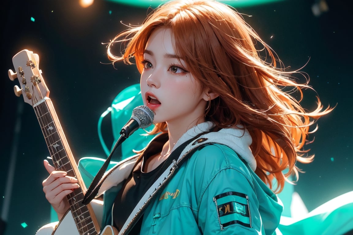 solo,1boy,closeup face,blue glowing aura,thick hair,orange hair,brown hair,gold frame sunglasses,red tie,red jacket,teal shorts,White shirt,a gold edge pocket on left side pants,white sneakers,right hand wearing a white square watch,white sneakers,singing in front of microphone,play electric guitar,universe background,cyan beam,fireflies,shining point,concert,colorful stage lighting,no people