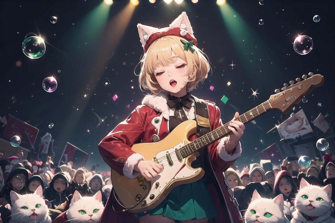 solo,Blonde woman,singing,playing electric guitar,short hair,red eyes,long red eyelashes,red lips,wearing a red snow hat with a white fur ball on the top,a purple starfish on the hat,white fur on the edge of the hat,and a red coat,coat with gold buttons,green skirt,green bow on the neck,green sneakers,gold laces, no gloves,singing in front of microphone,sleeping furry white cat audience,white cat wearing a pink bow on head,surrounded by bubbles,shining point,concert,colorful stage lighting,no people,Tetris game background