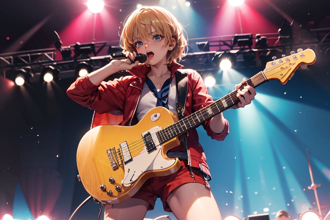 solo,1boy,closeup face,blue glowing aura,thick hair,orange hair,brown hair,gold frame sunglasses,red tie,red jacket,teal shorts,White shirt,a gold edge pocket on left side pants,white sneakers,right hand wearing a white square watch,white sneakers,singing in front of microphone,play electric guitar,universe background,cyan beam,fireflies,shining point,concert,colorful stage lighting,no people