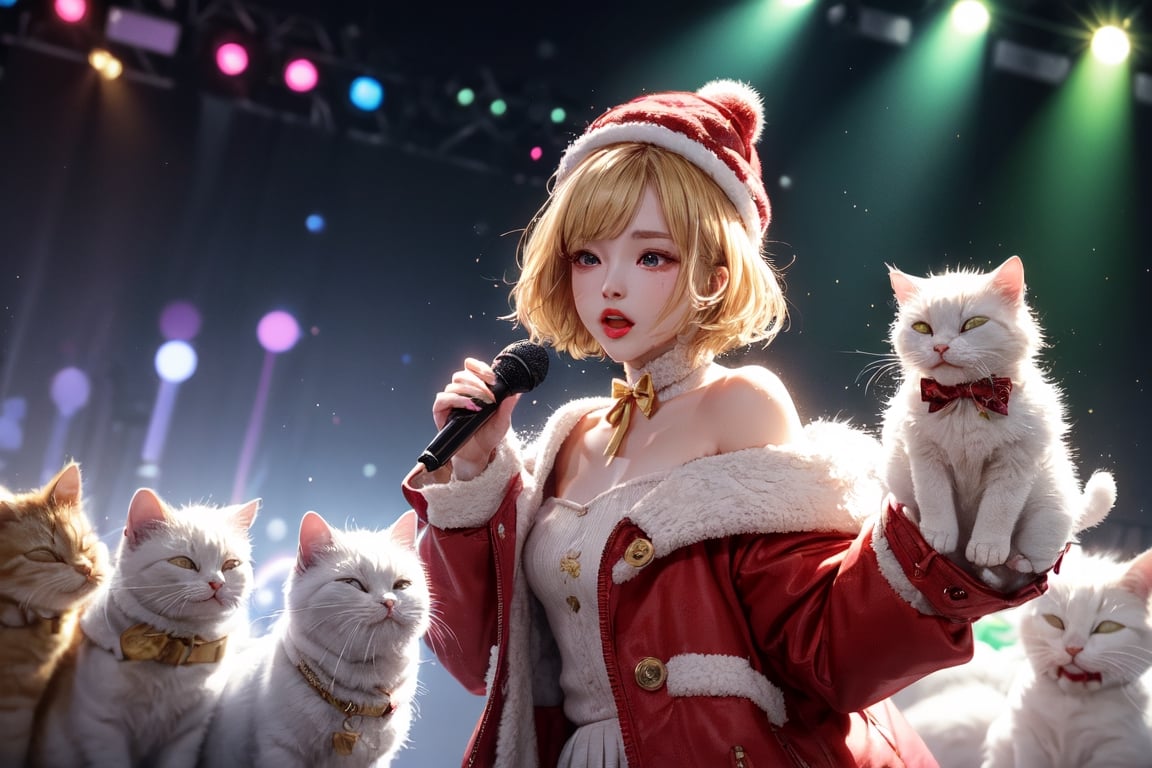 Blonde girl,short hair,red eyes,long red eyelashes,red lips, wearing a red snow hat with a white fur ball on the top,a purple starfish on the hat,white fur on the edge of the hat,and a red coat,coat with gold buttons,green skirt,green bow on the neck,green sneakers,gold laces, no gloves,singing in front of microphone,surrounded by sleeping furry white cat,white cat wearing a pink bow on its head,surrounded by bubbles,shining point,concert,colorful stage lighting,no people,Tetris game background
