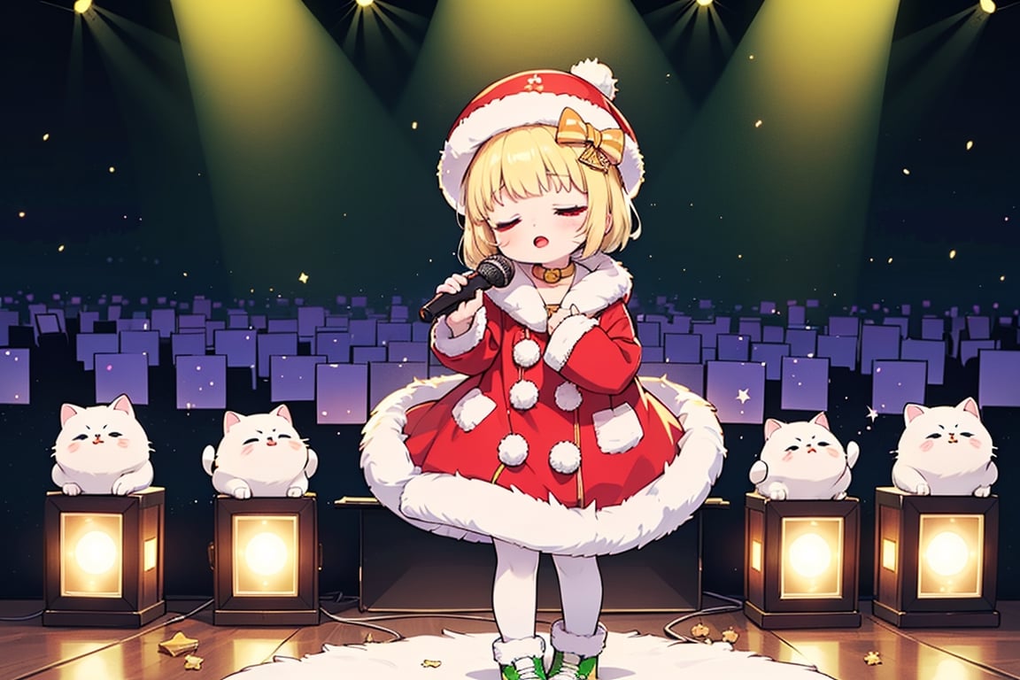 Blonde woman,singing,playing electric guitar,short hair,red eyes,long red eyelashes,red lips,wearing a red snow hat with a white fur ball on the top,a purple starfish on the hat,white fur on the edge of the hat,and a red coat,coat with gold buttons,green skirt,green bow on the neck,green sneakers,gold laces, no gloves,singing in front of microphone,sleeping furry white cat audience,white cat wearing a pink bow on head,surrounded by bubbles,shining point,concert,colorful stage lighting,no people,Tetris game background,anime