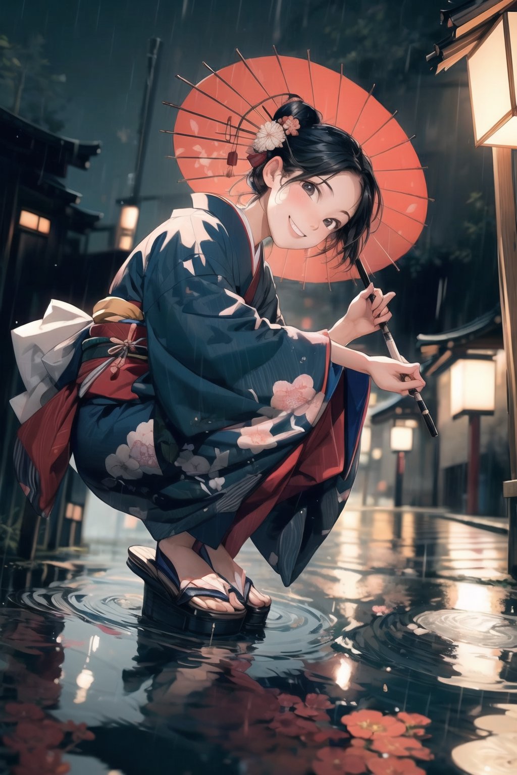 1 girl ,solo, smile, squat, midnight, rainy night, kimono, japanese traditional clothes, (from below 1.5), (front view 1.5), (full body 1.5), water puddle, reflection, hand reach to viewer, looking_at_viewer, street view,hand holding umbrella