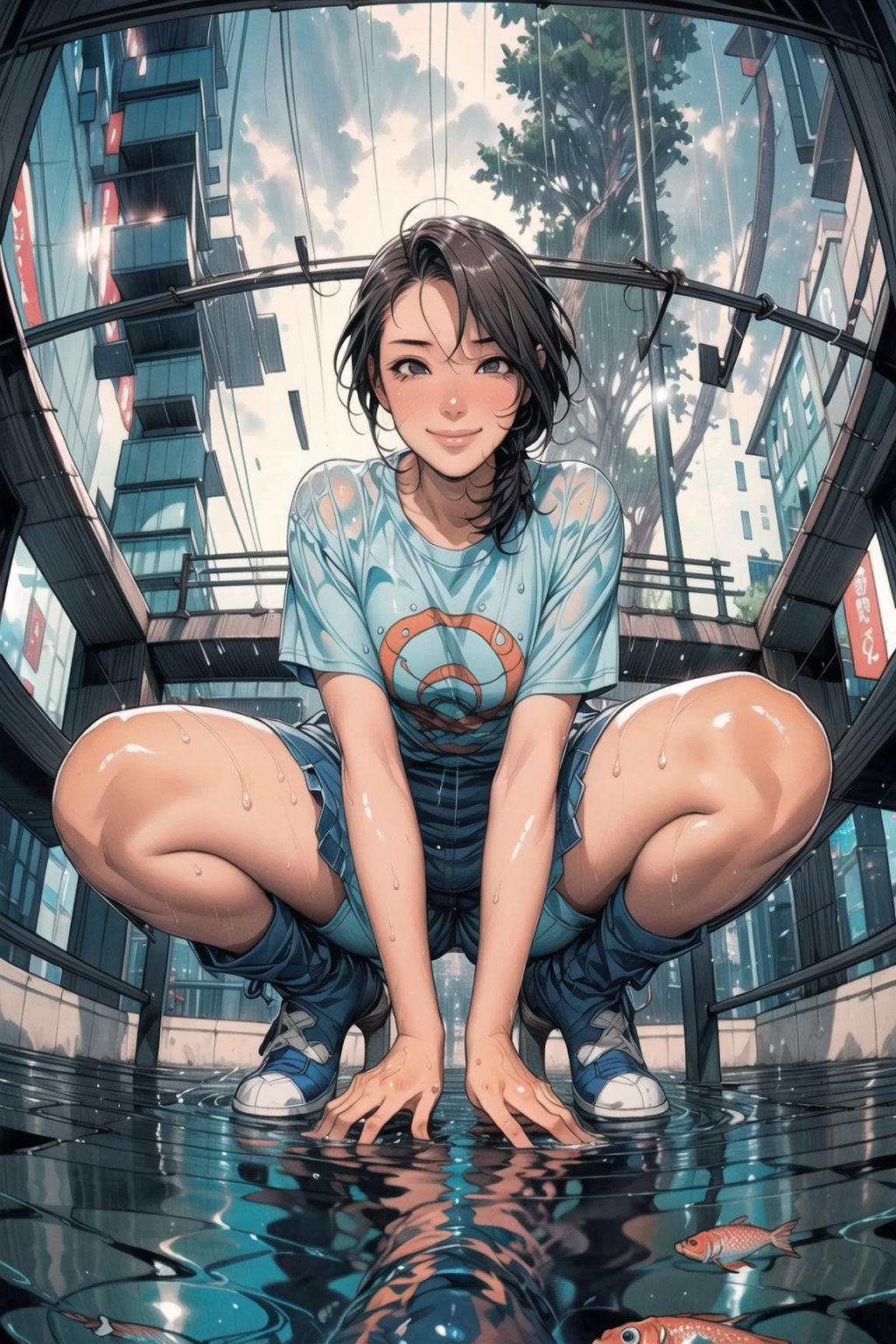 1 girl ,solo, smile, squatting, midnight, rainy day, (from below 1.5), (1 quarter view 1.5), (fish eye 1.3), wet hair, wet skin, hand point to viewer, wet floor, water pond, reflection, looking_at_viewer, street view,yofukashi background